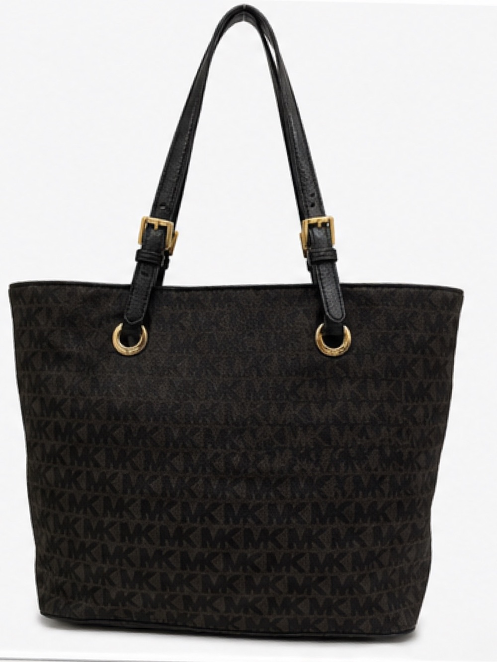 Michael Kors Black Logo-Print Shoulder Tote with Gold Hardware